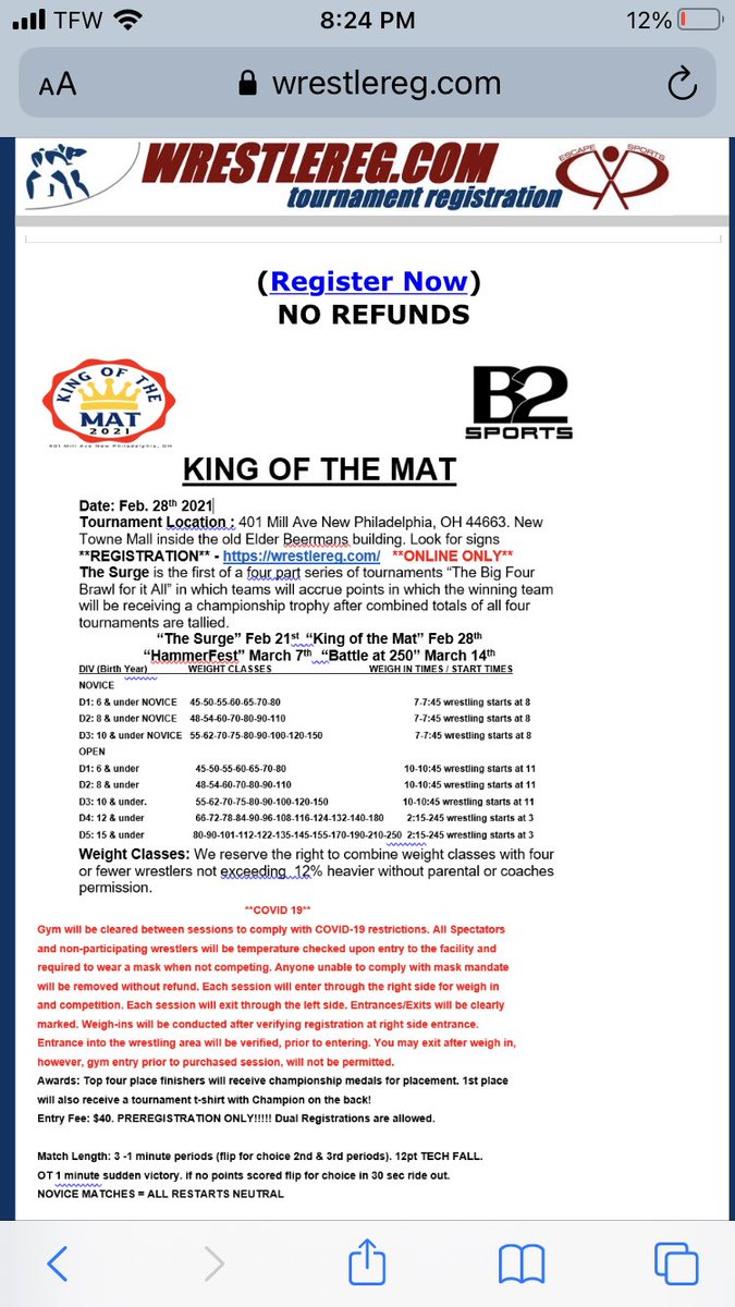 sunday february 28th 2nd leg of the 4 tournament series in new phila ohio. register on wrestlereg.com               Don’t miss out on this opportunity right in our back yard!
