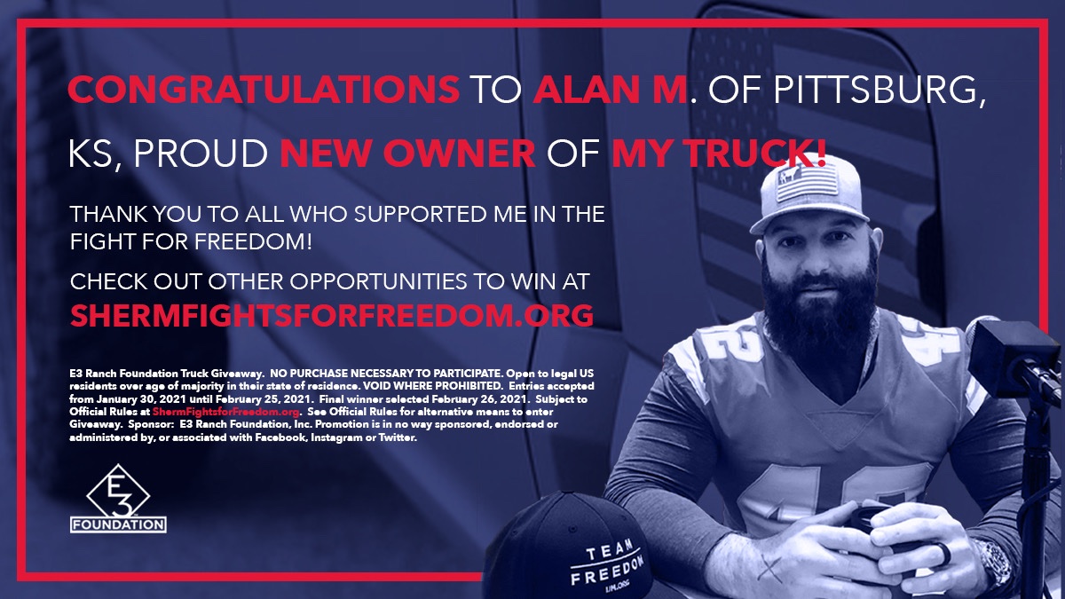 Thank you to everyone who entered! So far you helped to raise $450,000! Still have a chance to win a trip to E3 Ranch and other prizes, to be drawn this Friday! Click ShermFightsForFreedom.org  

#shermfightsforfreedom #HumanTrafficking #Chiefs #Runitback #NFL #Ford #Oreo #ThankYou