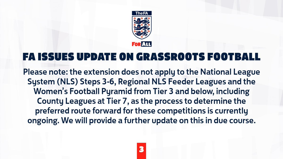 Please see the FA's response following the Government’s latest announcement about grassroots football today at . As soon as we have further information, we will let our clubs know.