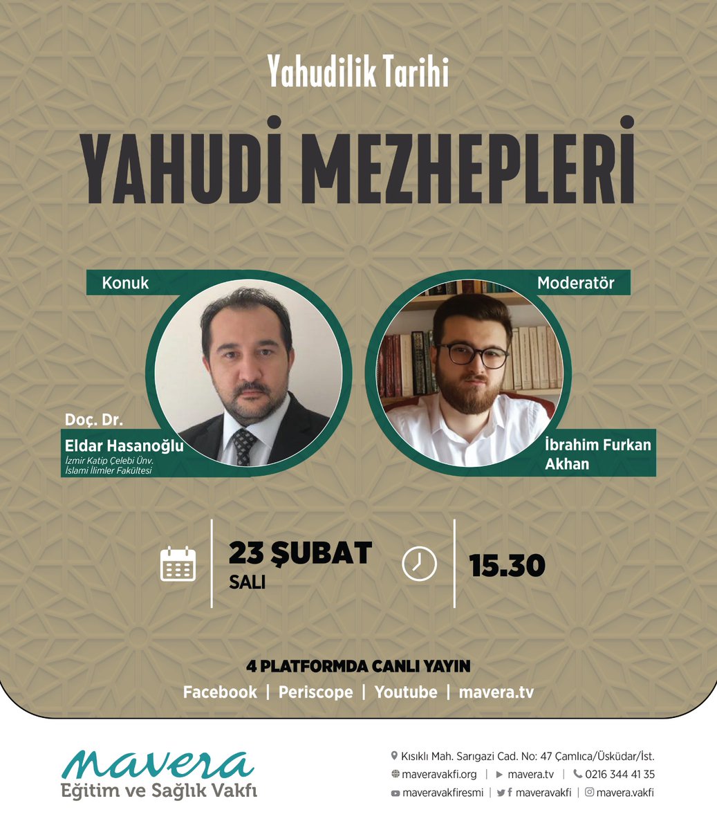 ahmetmargaz0707's tweet image. Yahudi Mezhepleri
🎙️Doç. Dr. @Eldar_Hasanoglu 
📝 Moderatör: @furkan_akhan
📅23 Şubat 2021 Salı
⏰15.30
Yayın Linki:
youtube.com/watch?v=dJEds6… 
#yahudi #yahve #mezhep 
#samirî #sadukî #ferisî 
#essenî #karaîlik 
#reformistyahudi
#ortodoksyahudi