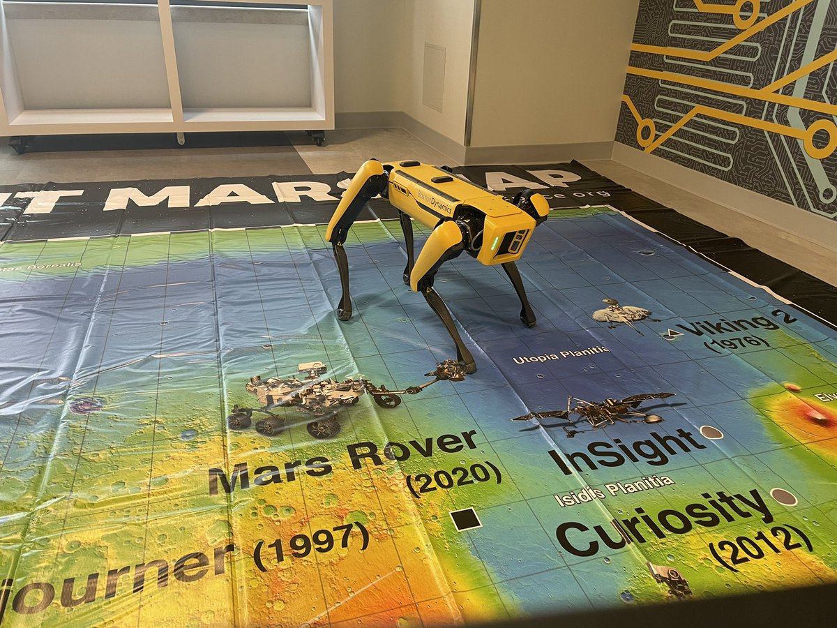 STEMnaut's tweet photo. We also took Spot to Mars so she could check out @NASAPersevere and #ingenuityhelicopter @AldrinFamilyFdn #mars2021 #MarsMap Should we change her name to Rover?#CCA https://t.co/zjODXCz6T6