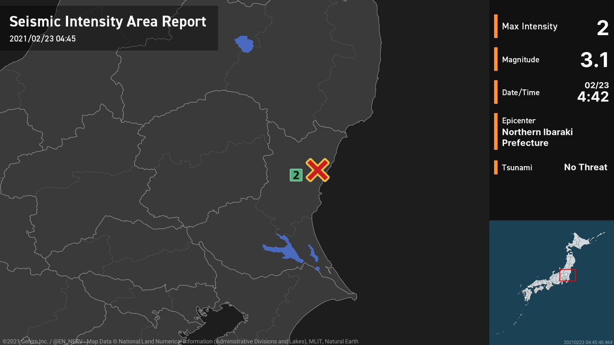 Earthquake Detailed Report – 2/23
At around 4:42am, an earthquake with a magnitude of 3.1 occurred in Northern Ibaraki Prefecture at a depth of 10km. The maximum intensity was 2. There is no threat of a tsunami. #earthquake https://t.co/sZOzrbkumu