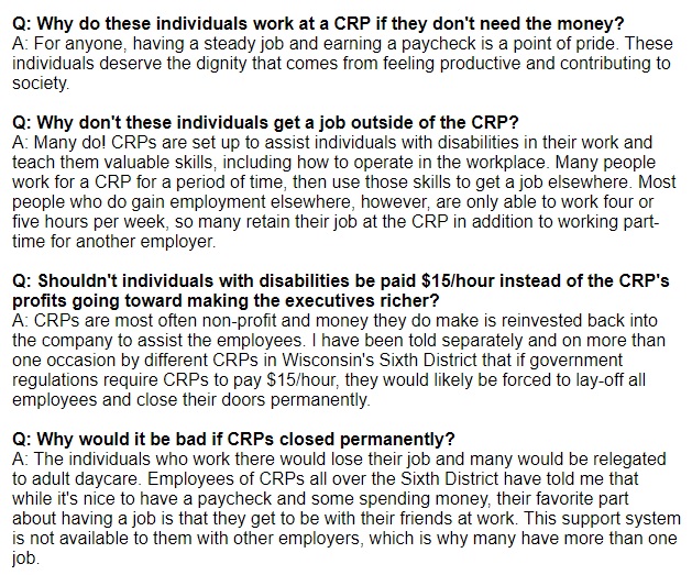 4) Grothman says that he’s “been told separately and on more than one occasion by different CRPs in Wisconsin's Sixth District that if government regulations require CRPs to pay $15/hour, they would likely be forced to lay-off all employees and close their doors permanently.”