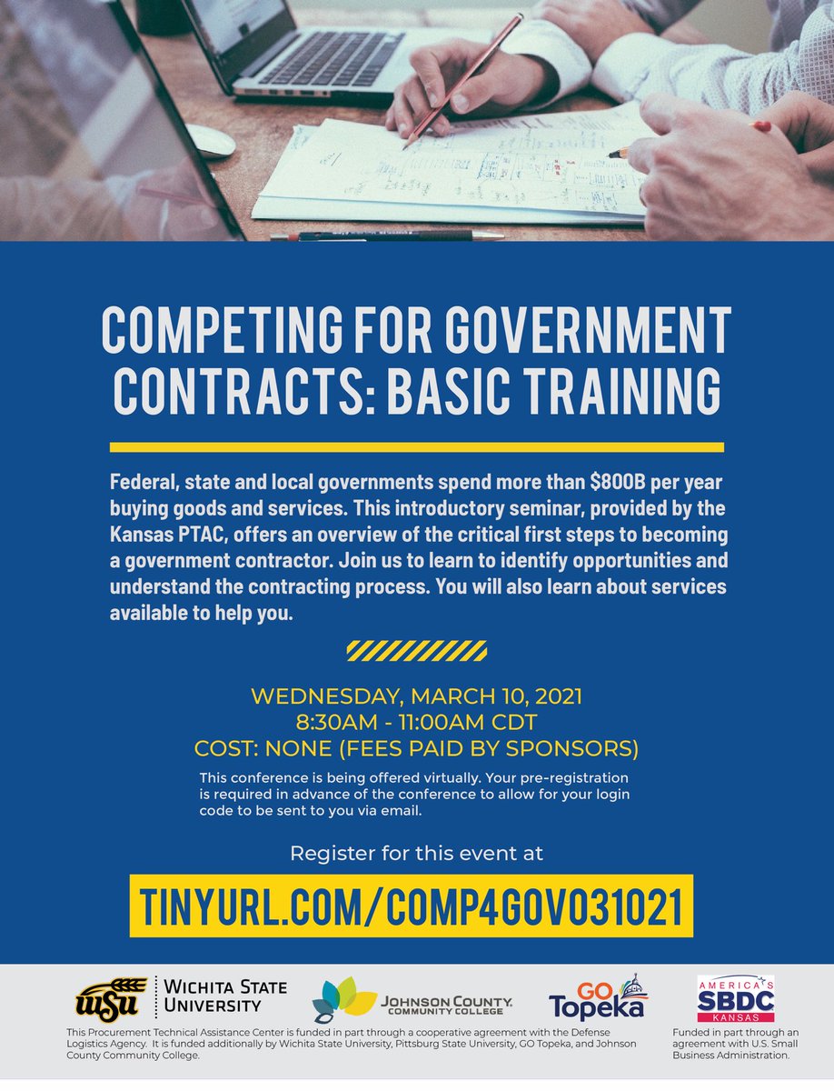 Interested in learning how to compete for #government #contracts? Join us on Wednesday, March 10th at 8:30AM CDT to learn more. 💡🖥🗓

Get registered at: tinyurl.com/COMP4GOV031021 

#SmallBiz #smallbusinessowner #Kansas #GovCon