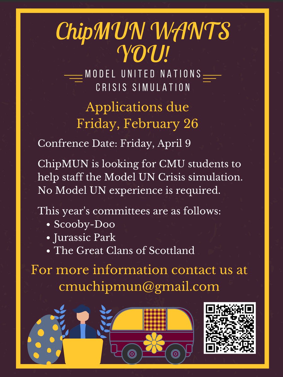 CHIPmun_cmu's tweet image. We have extended the deadline for our staff applications! We would love to have you as a part of our Spring crisis simulation conference. No Model United Nations experience required! Follow our QR code to register and contact us with any questions at cmuchipmun@gmail.com!