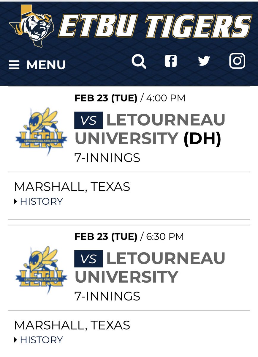 🚨SCHEDULE  UPDATE🚨
⚾️ <a href="/ETBU_Baseball/">ETBU Baseball</a> ADDITION⚾️

⤵️⤵️⤵️
🗓Tuesday, Feb. 23
🆚 <a href="/LETUAthletics/">LeTourneau YellowJackets</a> 
➡️ DH (2 7-inn)
🏟Woods Field
📍Marshall, TX
⌚️4/6:30 pm
🖥📊 will be provided

#TexasTigers #TigersUnite