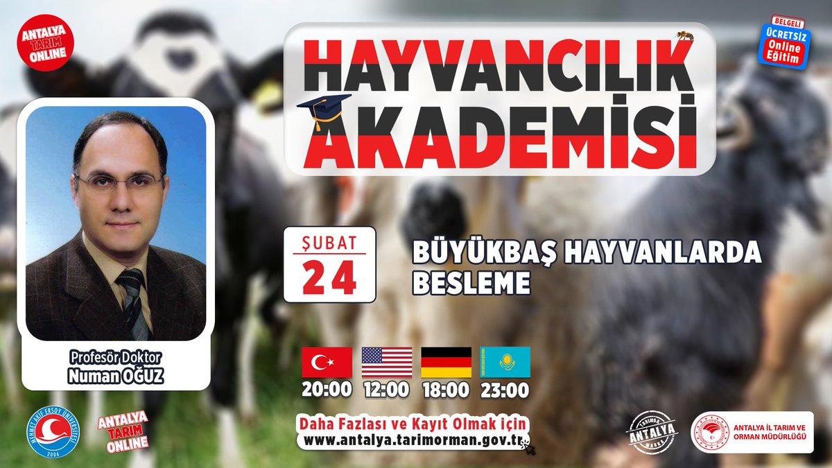 HAYVANCILIK AKADEMİSİ-2

Müdürlüğümüz ve <a href="/makuedutr/">MAKÜ</a> Veteriner Fakültesi işbirliğinde #HayvancılıkAkademisi 2.derste;

Prof.Dr.M.Numan Oğuz ile

#Büyükbaş Hayvanlarda Besleme

#GelecekTarımda

<a href="/gokhankaraca_/">Gökhan Karaca</a>
<a href="/ersinyazici1/">Ersin YAZICI</a>
<a href="/bekirpakdemirli/">Dr. Bekir Pakdemirli</a> <a href="/TCTarim/">T.C. Tarım ve Orman Bakanlığı</a>

🗓24.02.2021
⌚️20:00
