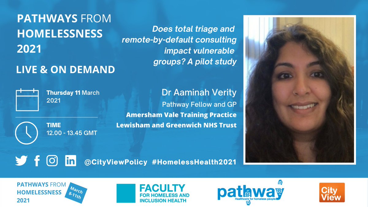 PATHWAYS FROM HOMELESSNESS 2021: Everyone Always In? ONLINE SYMPOSIUM 8 March 2021—11 March 2021 
 
12:00  – 13:45 GMT  
 
Thursday 11 March 2021  
 
A pilot study

Dr Aaminah Verity

Book your place now: eur.cvent.me/kM8X7 
<a href="/PathwayUK/">Pathway</a>