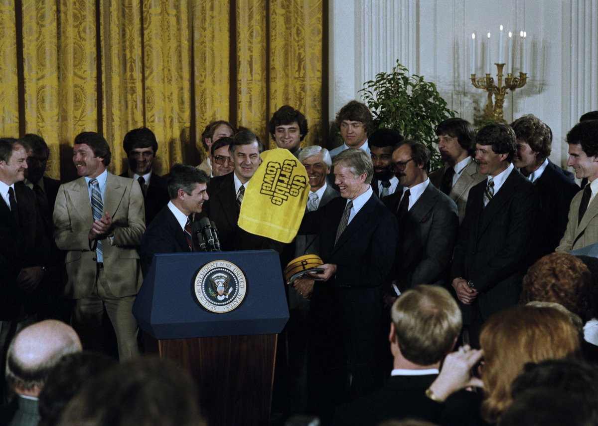41 years ago today, Mayor Caliguiri presented President Carter with a Terrible Towel &amp; Pirates hat in a joint #Pittsburgh ceremony in the East Room of the White House.

The <a href="/Pirates/">Pittsburgh Pirates</a> had won the 1979 World Series 4-3 &amp; the <a href="/Steelers/">Pittsburgh Steelers</a> had won Super Bowl XIV 31-19.