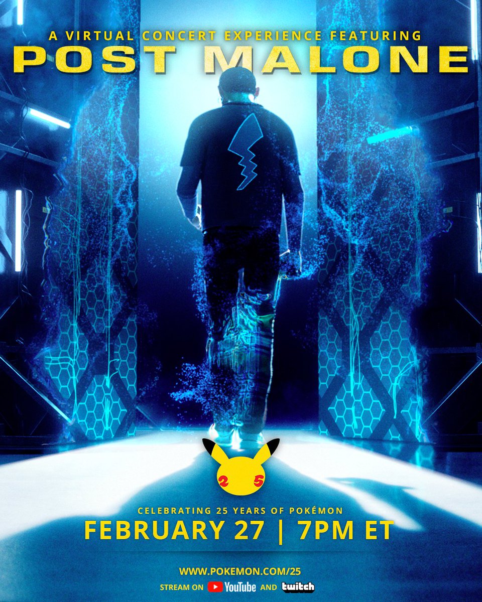 PostMalone's tweet image. This Saturday February 27th at 7pm EST we’ll be celebrating 25 years of @pokemon. See you there 25.pokemon.com #Pokemon25 #Partner