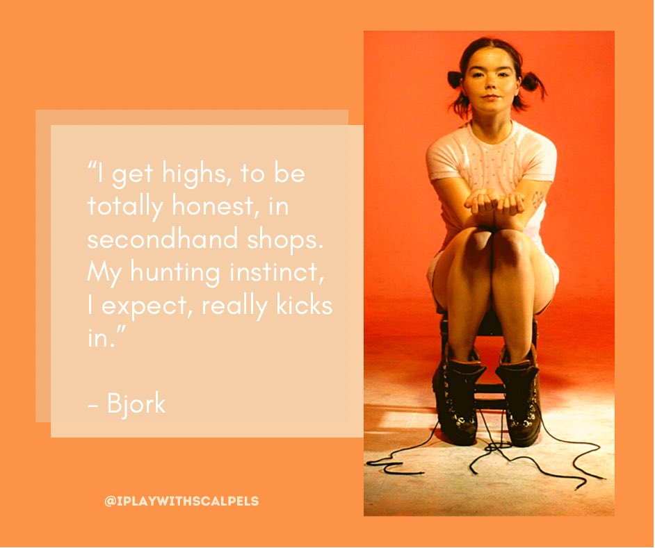 IScalpels's tweet photo. It’s no secret that shopping secondhand has many benefits and some of our favorite stars have not been shy about sharing their love of thrifted fashion ⚡️

#bjork #sustainablefashion #Iplaywithscalpels https://t.co/QNWY86zvNq