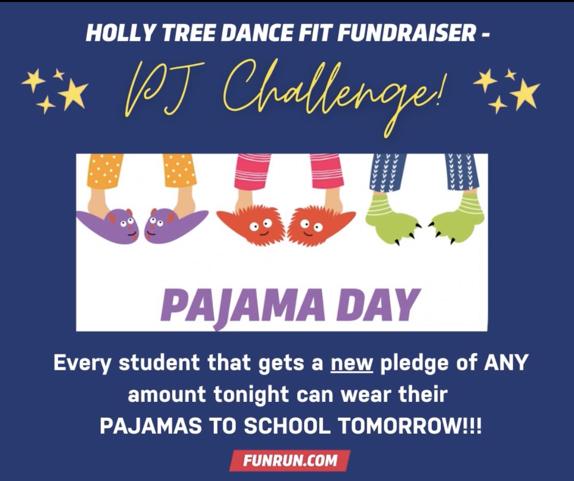 Tomorrow is PJ day!!! Thats right, if your student gets a pledge of ANY amount on FunRun.com tonight than they can wear PJ's to school tomorrow! Go Cardinals!