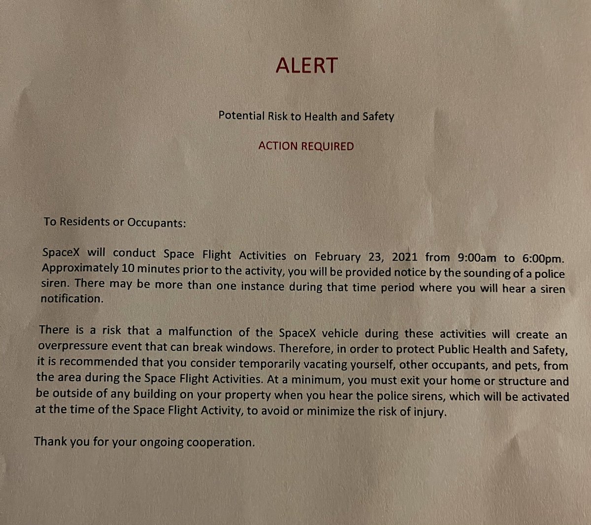 BocaChicaGal's tweet image. An “Alert” notice has been delivered and a road closure has been scheduled for tomorrow February 23 from 9 a.m. - 6 p.m. Another static fire attempt tomorrow. 🔥🚀🔥
@NASASpaceflight