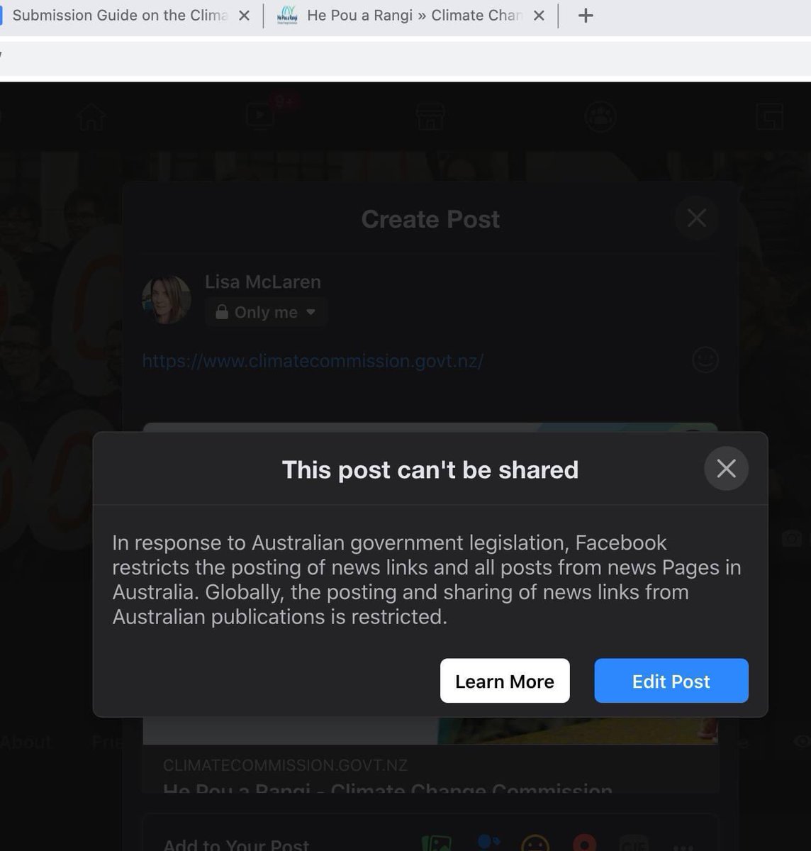 So people in #NewZealand can’t post about the NZ <a href="/ClimateCommNZ/">Climate Change Commission</a> consultation on <a href="/Facebook/">Facebook</a> because #Facebook is clearly run by #americans who obviously don’t know geography &amp; think #NZ is part of #Australia 🤦🏻‍♀️ so they ban us from posting a govt website. This is beyond ridiculous.