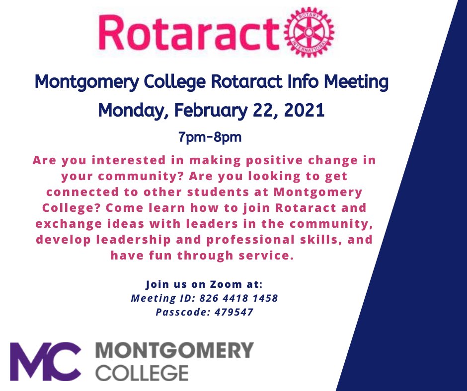 Do you know a student at @montgomerycollege? We are starting a Rotaract and we’re looking for students who might be interested. We are holding a zoom session tonight at 7pm for students to come learn more. Hope to see you tonight! 
#rotary #rotaract #rotaryinternational #service