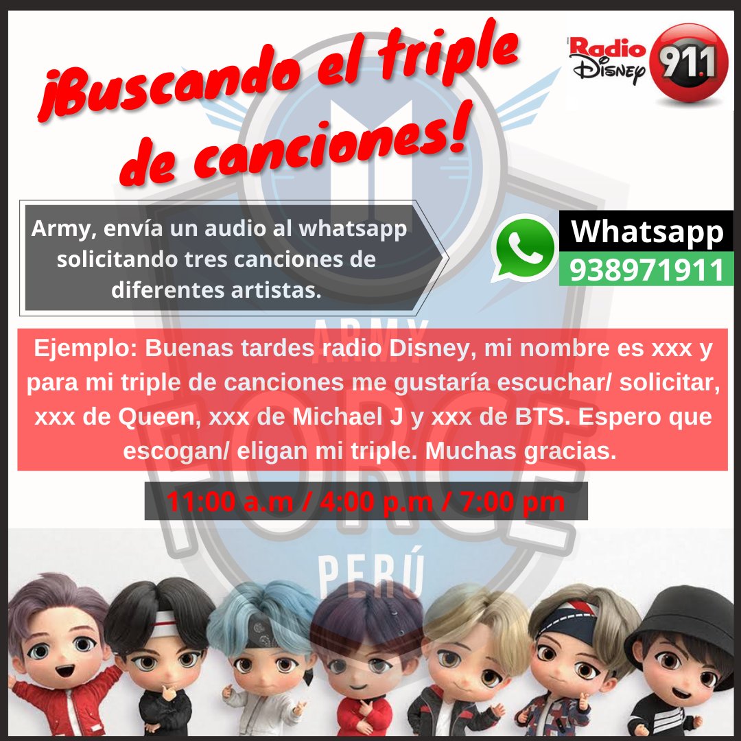 ARMY Perú⁷ al Twitter: "📻 VAMOS CON El SEGUNDO TRIPLE DE CANCIONES 🔥🛑 Siganas indicaciones de la imagen y Pidamos a Radio Disney Perú 🇵🇪 !!! @BTS_twt cuenta contigo 🗣️🔥