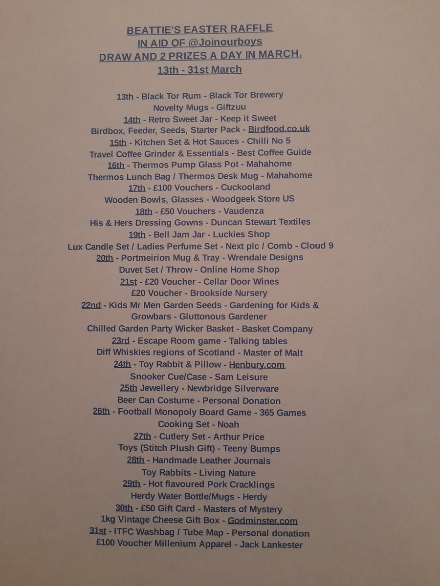 BEATTIE'S FUN EASTER RAFFLE 13th - 31st March - 2 prizes a day to win. Get your tickets before 8th March.. malcolmthompson10@outlook.com Have Fun and Help the @joinourboys