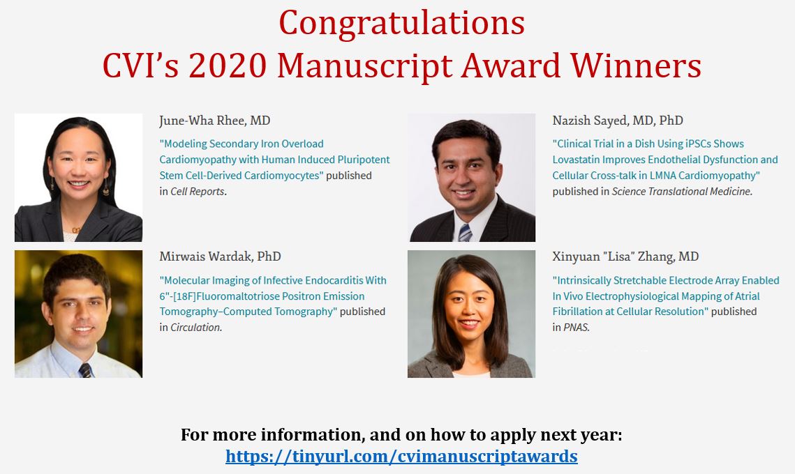 Congrats to <a href="/JuneWRhee/">June Rhee</a> <a href="/Nazish_Sayed/">Nazish Sayed MD, MS, PhD</a> <a href="/lisazxy080808/">Xinyuan (Lisa) Zhang, MD</a> and Mirwais Wardak for receiving <a href="/StanfordCVI/">Stanford CVI</a> #manuscript #award for their papers in <a href="/CellReports/">Cell Reports</a> <a href="/CircAHA/">Circulation</a> <a href="/PNASNews/">PNASNews</a> and <a href="/ScienceTM/">Science Translational Medicine</a> 

<a href="/StanCVFellows/">StanfordCVFellowship</a> @stanfordvasc <a href="/StanfordRad/">Stanford Radiology</a> @StanfordCTSurg <a href="/StanfordDeptMed/">Stanford Department of Medicine</a> <a href="/Stanford_ChEMH/">Sarafan ChEM-H</a>