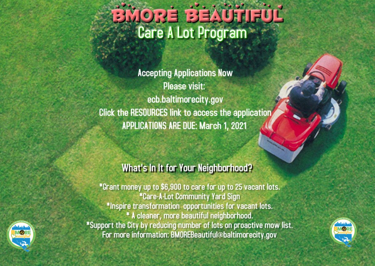 #District10 Neighbors: ๐ฒ#GrantAlert ๐จโ Are there vacant lots in your neighborhood youโd like to care for, if only you had the funds and support? This is your program. BMORE Beautiful Care-A-Lot Program applications are due ๐ : MON. MARCH 1. https://t.co/F0Kh8eb08u