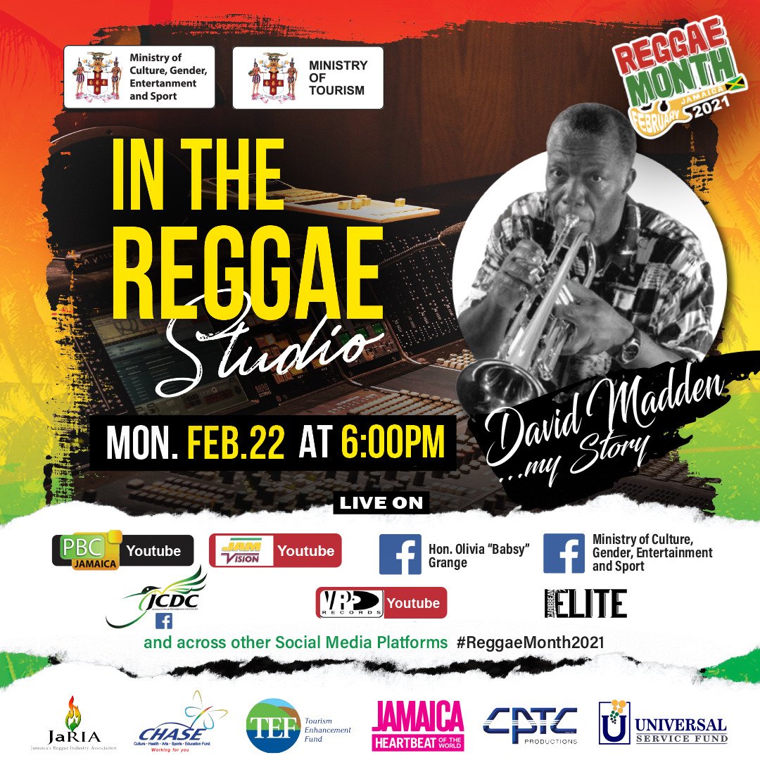 Tonight #DavidMadden speaks! Hear his story on 'In The Reggae Studio'!
LIVE at 6pm on Facebook, YouTube and other social media platforms:
<a href="/pbcjamaica/">Public Broadcasting Corporation of Jamaica</a>
<a href="/JCDCJamaica/">JCDC - Jamaica</a> 
<a href="/Babsy_grange/">Hon. Olivia “Babsy” Grange</a>
<a href="/VPRecords/">VP Records</a> 
Caribbean Elite Mag 
#IAmReggae #ReggaeMonth2021💥 #ComeKetchDeRiddim #ReggaeMonthTV