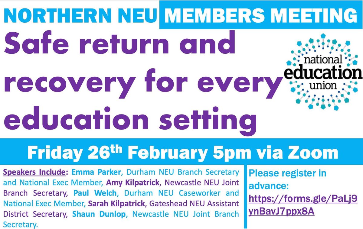 Join us for a discussion about the full reopening on the 8th March. Sign up here forms.gle/PaLj9ynBavJ7pp… <a href="/sairskay/">Sarah Kilpatrick</a> <a href="/amyk21/">Amy</a> <a href="/paulwelch101/">Paul Welch</a> <a href="/neu_durham/">DurhamNEU</a> @NeuNewcastle <a href="/GatesheadNEU/">Gateshead NEU</a> <a href="/stocktonNEU/">Stockton NEU</a> <a href="/NTynesideNEU/">North Tyneside NEU</a>