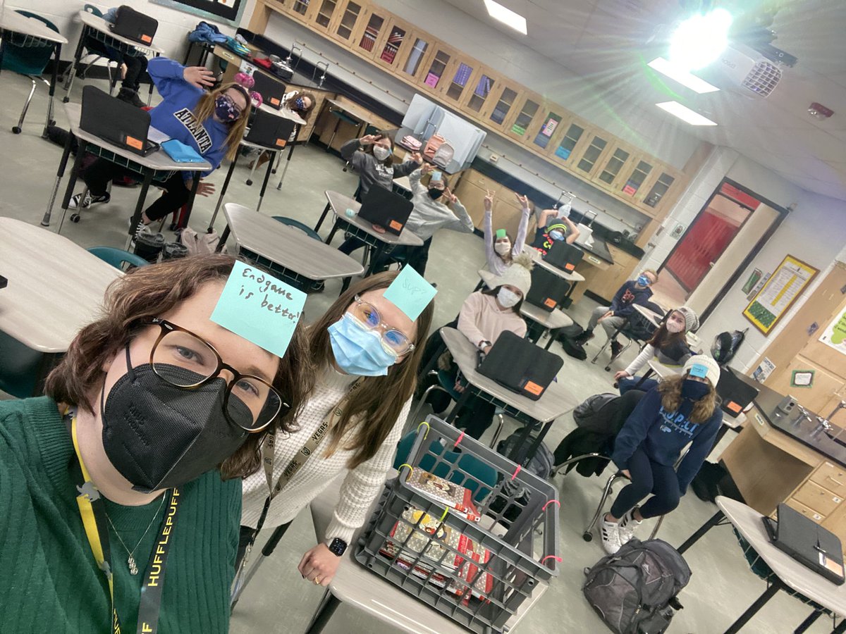 TeachFelsenthal's tweet image. On Friday, our class had the @classcraftgame #RandomEvent of “Dressing in an accessory for our next class!” Here are our hybrid students today, and we will have to take another picture tomorrow for our other half! Hopefully tomorrow I remember to bring an accessory! #D57Learns