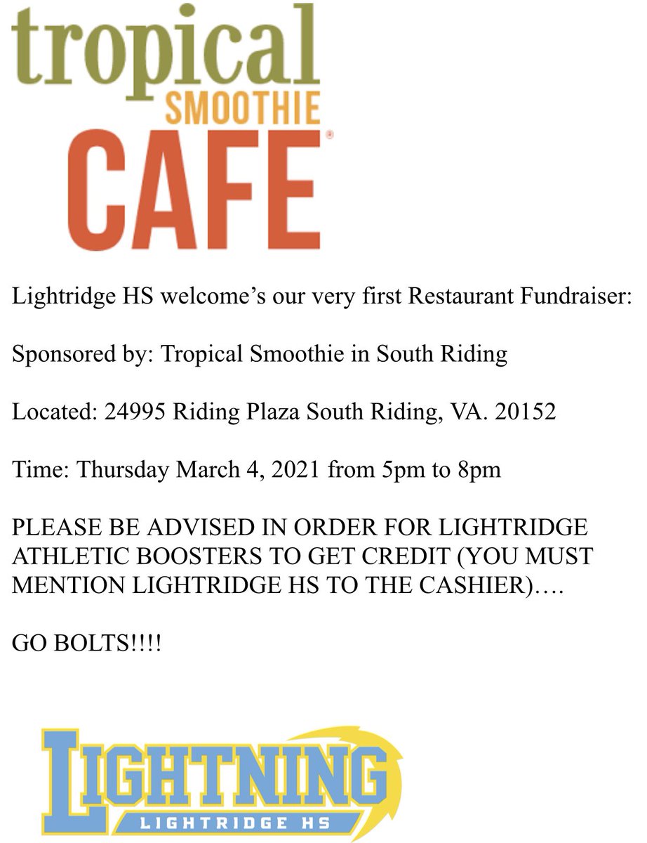 ⚡️New date! Be sure to visit Tropical Smoothie-SR on March 4th from 5-8pm to support your LHS athletes!⚡️