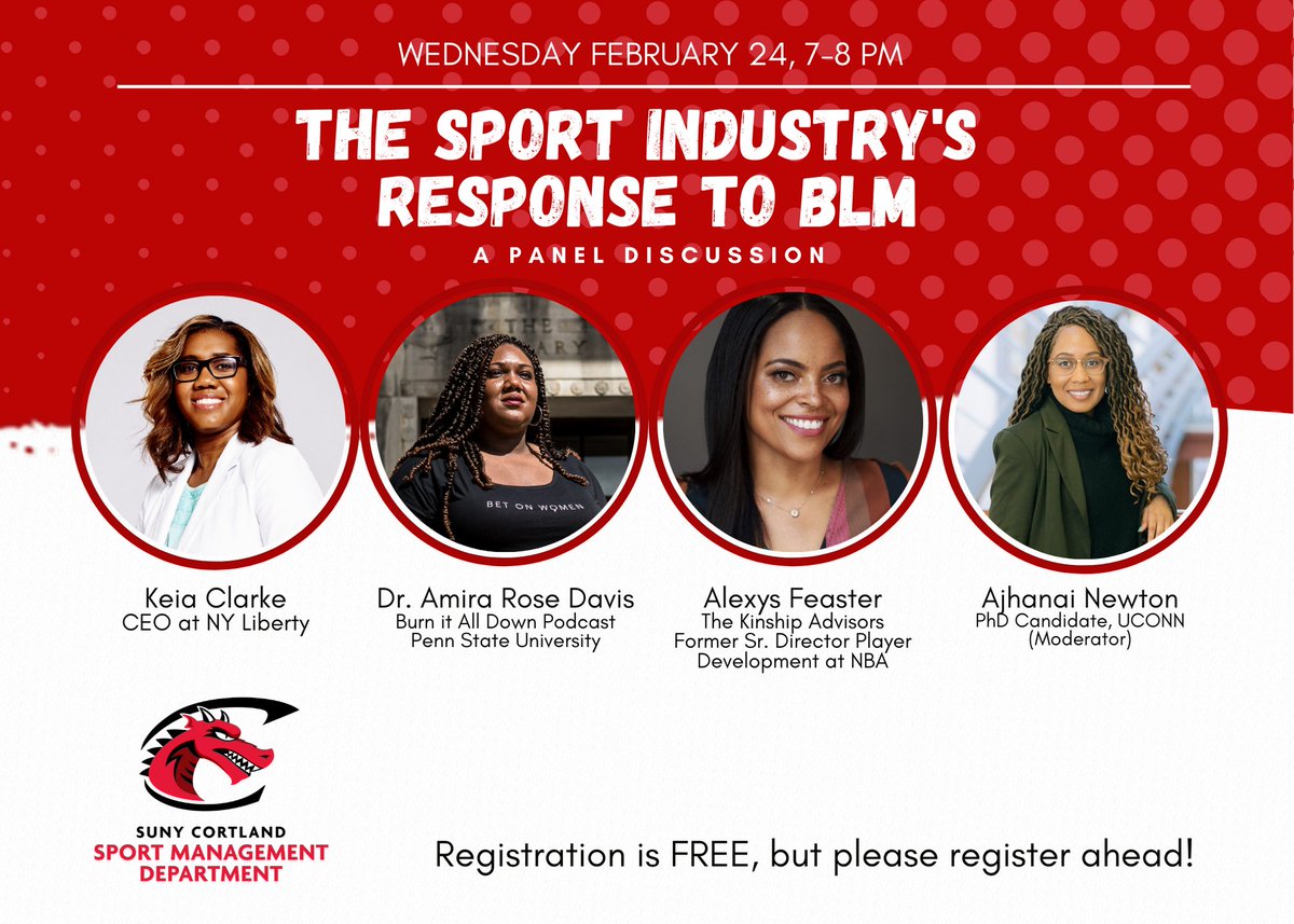 Keia Clarke (@keiaclarke) on Twitter photo This Wednesday at 7PM/ET, I have the pleasure of joining the <a href="/CortlandSPMG/">SUNY Cortland Sport Management</a> alongside <a href="/mirarose88/">Amira Rose Davis</a>, Alexys Feaster, and @ajhanainewton for The Sport Industry’s Response to #BLM!
Free registration is open TODAY!
Link: sunycortland.webex.com/sunycortland/e… This Wednesday at 7PM/ET, I have the pleasure of joining the <a href="/CortlandSPMG/">SUNY Cortland Sport Management</a> alongside <a href="/mirarose88/">Amira Rose Davis</a>, Alexys Feaster, and @ajhanainewton for The Sport Industry’s Response to #BLM!
Free registration is open TODAY!
Link: sunycortland.webex.com/sunycortland/e…