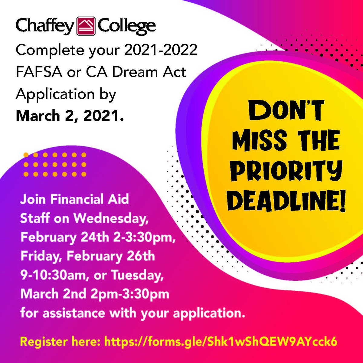 Need help filling out the FAFSA? Register today for an upcoming workshop at forms.gle/Shk1wShQEW9AYc…