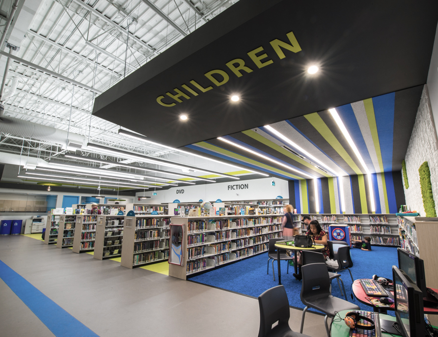 We used bold, colourful stripes to accentuate the Children's Zone at the Wellington Public Library in Nanaimo.  #librarydesign #vancouverisland #stripes