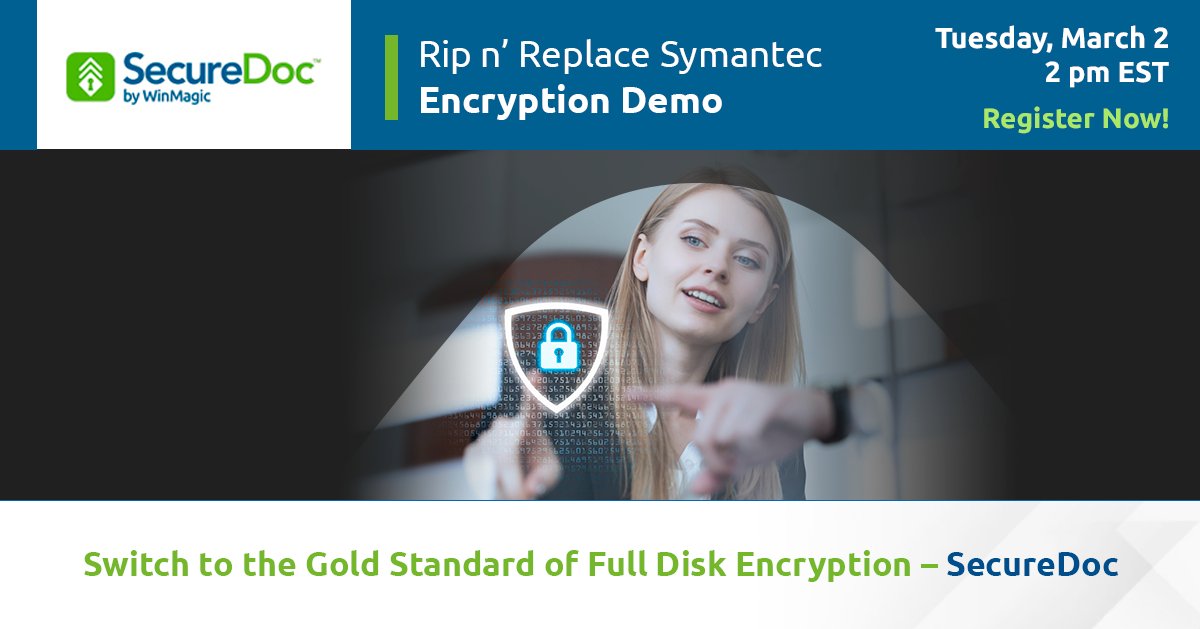 WinMagic's tweet image. Join us for the “Rip n’ Replace Symantec, Encryption Demo” on Tuesday, March 2nd at 2 pm EST, as we demonstrate how the Swimage Encryption Converter will help you #MigrateEncryption from Symantec to WinMagic’s SecureDoc.

Register Now: bit.ly/2NNNDtu

#SwitchToWinMagic