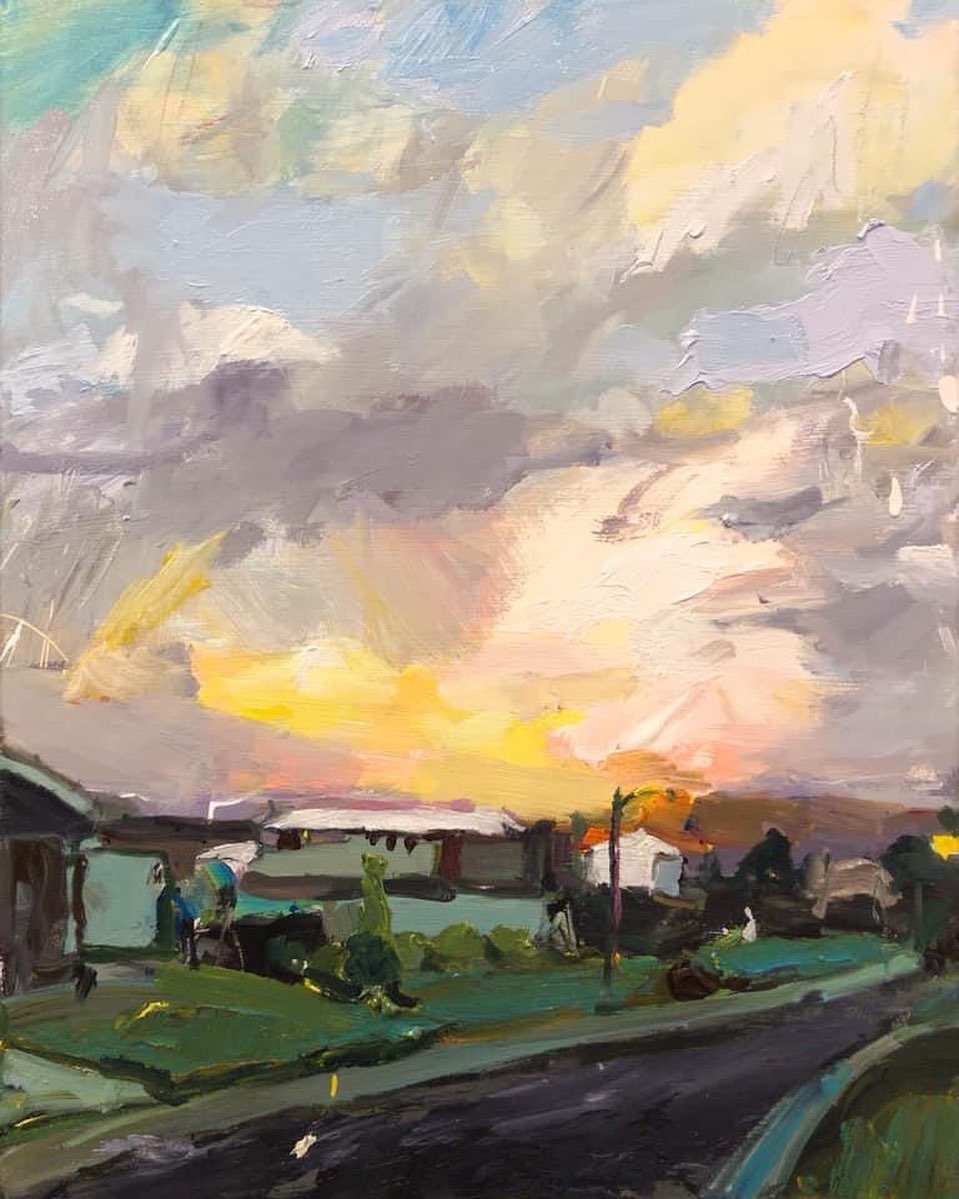 RClaremont's tweet image. At dusk I like walking around looking at clouds, closely. 
Have you ever noticed how many colours there are in a cloud? Mauves, beiges, blues, yellows, even greens. At sunset they are all out on show, reflecting their saturated shadows... “Day’s Last Song”, 35X45cm, oil on board.