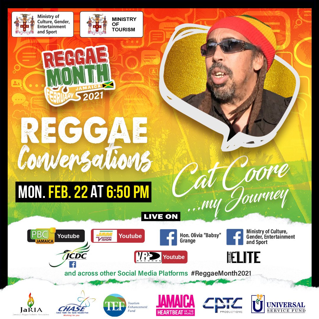 Reggae Conversation! At 6:50pm listen as #CatCoore tells us about his journey in music!
LIVE on Facebook, YouTube &amp; IG:
<a href="/pbcjamaica/">Public Broadcasting Corporation of Jamaica</a>
<a href="/JCDCJamaica/">JCDC - Jamaica</a>
<a href="/Babsy_grange/">Hon. Olivia “Babsy” Grange</a>
<a href="/VPRecords/">VP Records</a>
Caribbean Elite Mag
<a href="/ceentv/">vinsensius A.S.B</a>
Don't miss it!
#IAmReggae #ReggaeMonth2021💥 #ComeKetchDeRiddim #ReggaeMonthTV