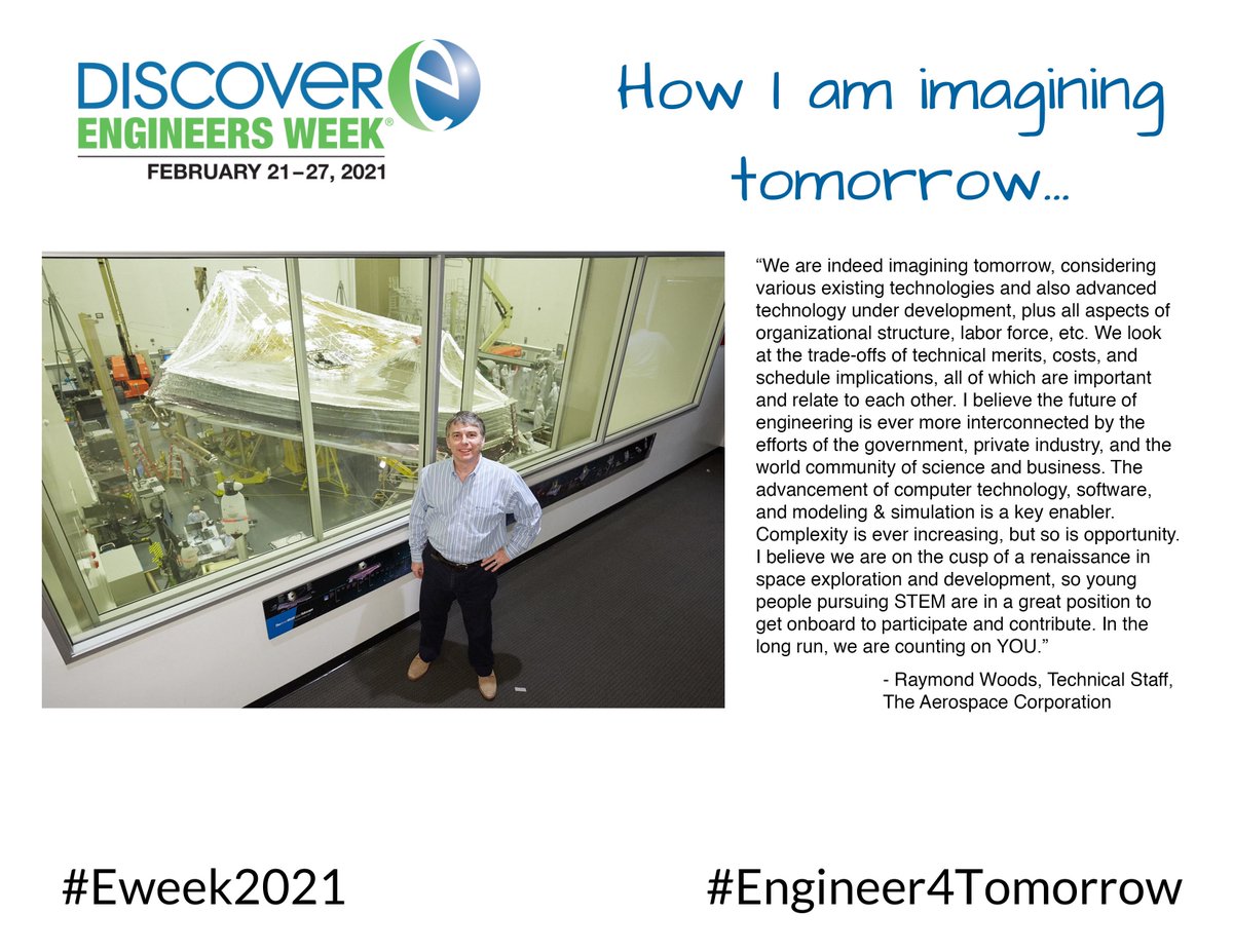 AerospaceCorp's tweet photo. Engineer’s week is officially here! Engineers are so important at Aerospace and in the world. How are YOU are imagining tomorrow? Here’s what some of our engineers said…
#Eweek2021 #Engineer4Tomorrow #STEMatAerospace #EweekTogether https://t.co/EtRJmyM4bg