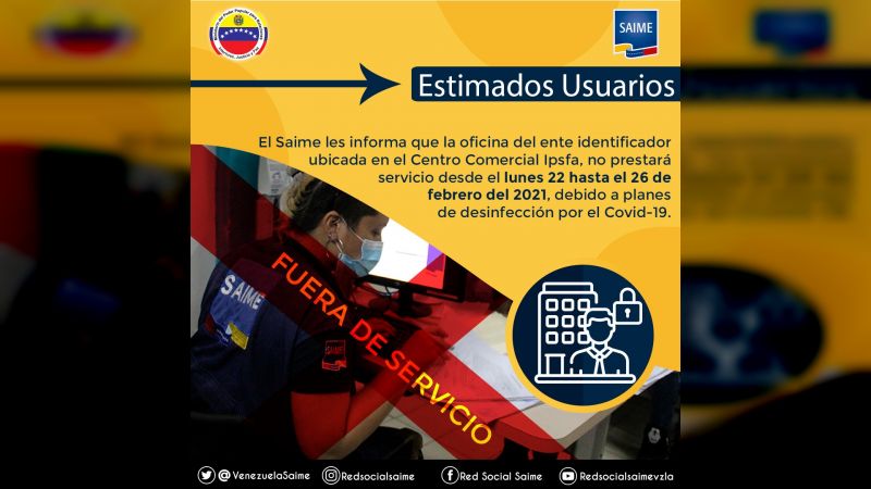 Saime del Ipsfa no prestará servicios hasta el 26F (+desinfección) mazo4f.com/236350 #ElMazo7AñosConChavez