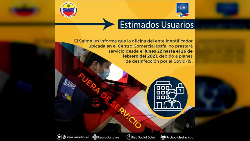 Saime del Ipsfa no prestará servicios hasta el 26F (+desinfección) mazo4f.com/236350  #ElMazo7AñosConChavez