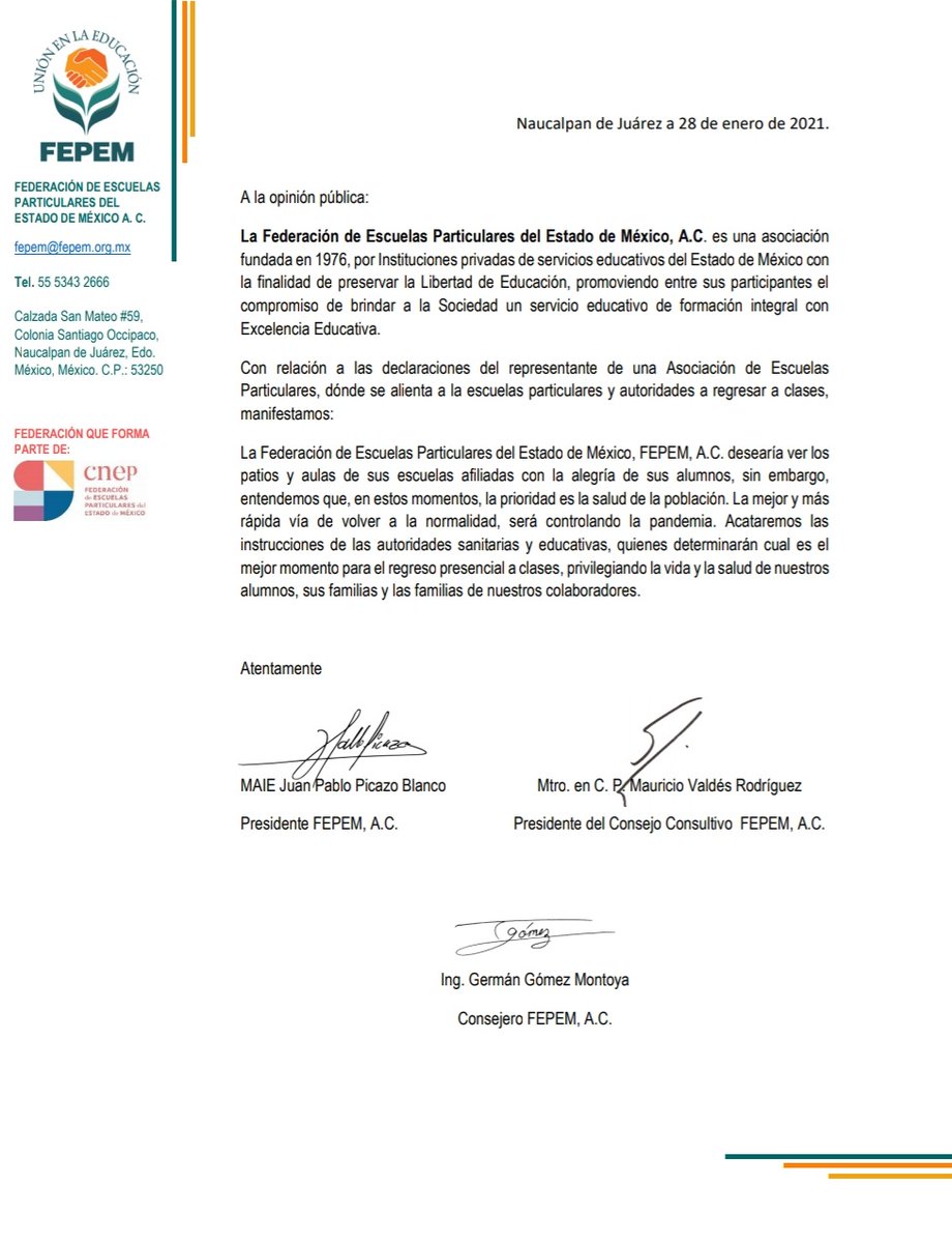 Posicionamiento de la FEPEM ante las declaraciones de una Asociación de Colegios, respecto al reinicio de actividades presenciales. En estos difíciles momentos, nuestra prioridad es cuidar la salud y la vida, por lo que atenderemos las indicaciones de <a href="/SEP_mx/">SEP México</a> y <a href="/SSalud_mx/">SALUD México</a>