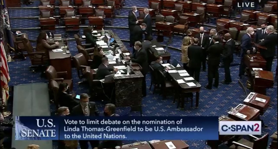NEW: The Senate has voted (75-20) to advance the nomination of Linda Thomas-Greenfield to be the next US ambassador to the UN - one week before the US takes on the March presidency of the UN Security Council.

⁦Her confirmation vote will take place tomorrow.