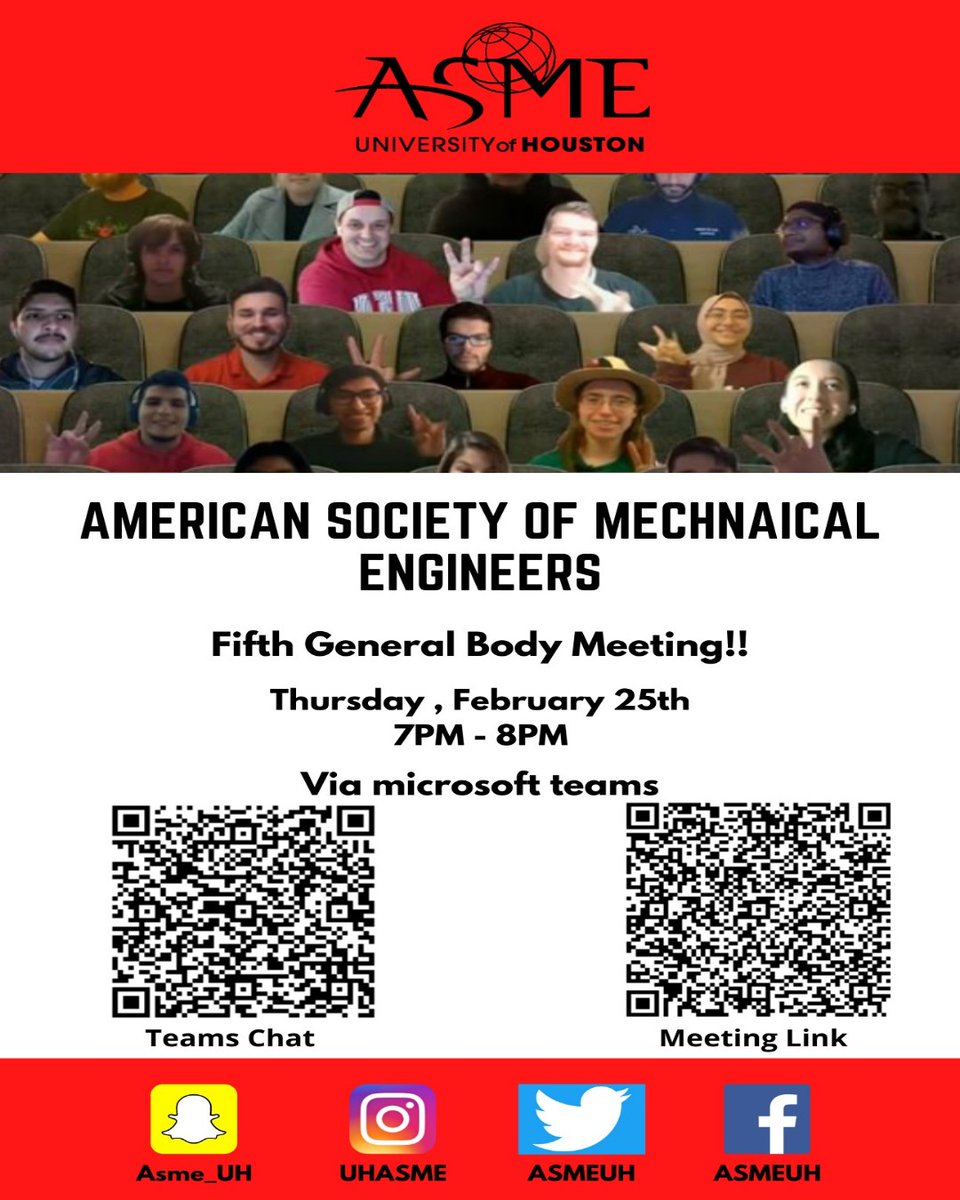 ASMEUH's tweet image. We hope everyone is safe after last week&apos;s winter storm! Our Fifth General Body Meeting is this Thursday from 7-8PM. Join us as we talk about our rescheduled and future events!! 

MEETING LINK teams.microsoft.com/l/meetup-join/… 

@uhengineering #gocoogs #uhengineering #cullenengineering