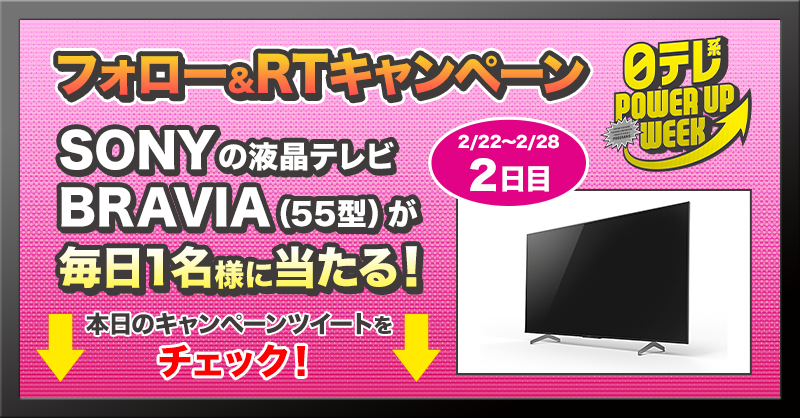 nittele_ntv's tweet photo. SONYのブラビア（55型）が【毎日1名様】に当たる！
👇キャンペーン開催中です👇

#キャンペーン #懸賞 #プレゼント #日テレ系パワーアップウィーク
毎日ご参加ください！