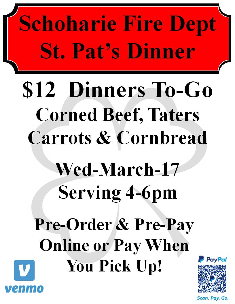 Celebrate #StPatricksDay with a homemade meal "to go" and #fundraiser cooked by your local Schoharie #firefighters. Pre-order now with the option of pre-paying with Venmo or PayPal!  Thanks in advance from your friends at the Schoharie #FireDepartment!

forms.gle/mrCfgiKz4pvmBu…