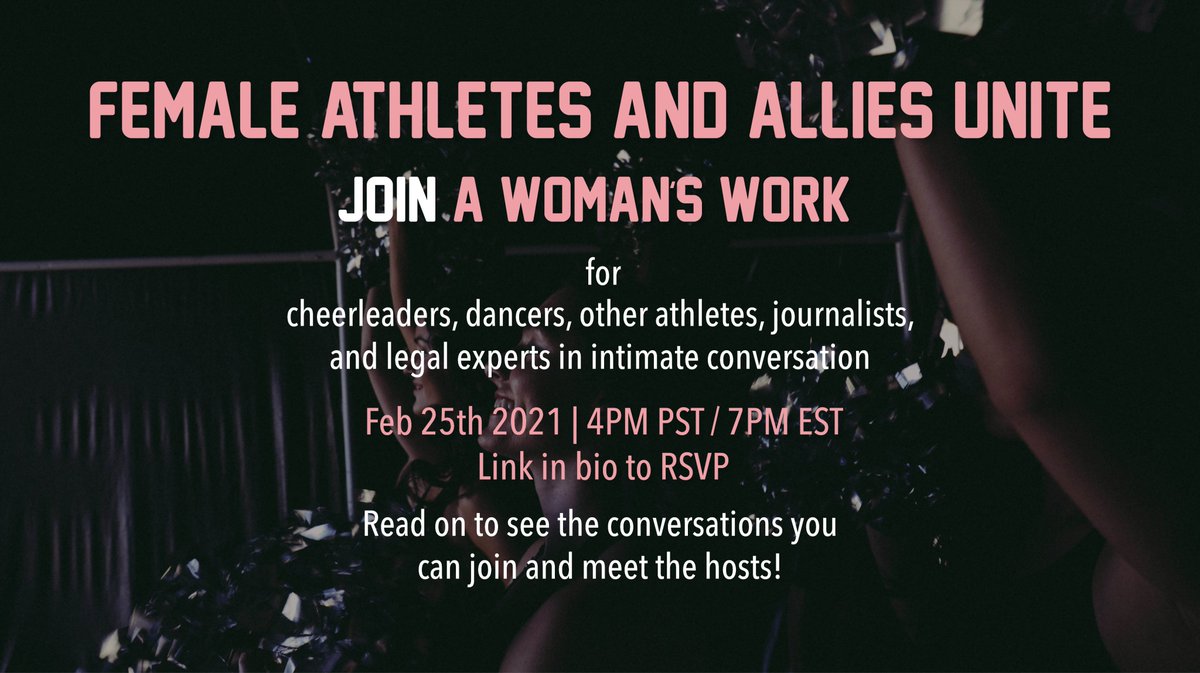 AWomansWorkDoc's tweet image. Join #AWomansWorkDoc for FEMALES ATHLETES &amp;amp; ALLIES UNITE on Thurs 2/25 at 4pm PT / 7pm ET. Cheerleaders, dancers, legal experts, &amp;amp; journalists will hold intimate conversation rooted in our desire to solve pressing issues in our fields. Register:
eventbrite.com/e/a-womans-wor…