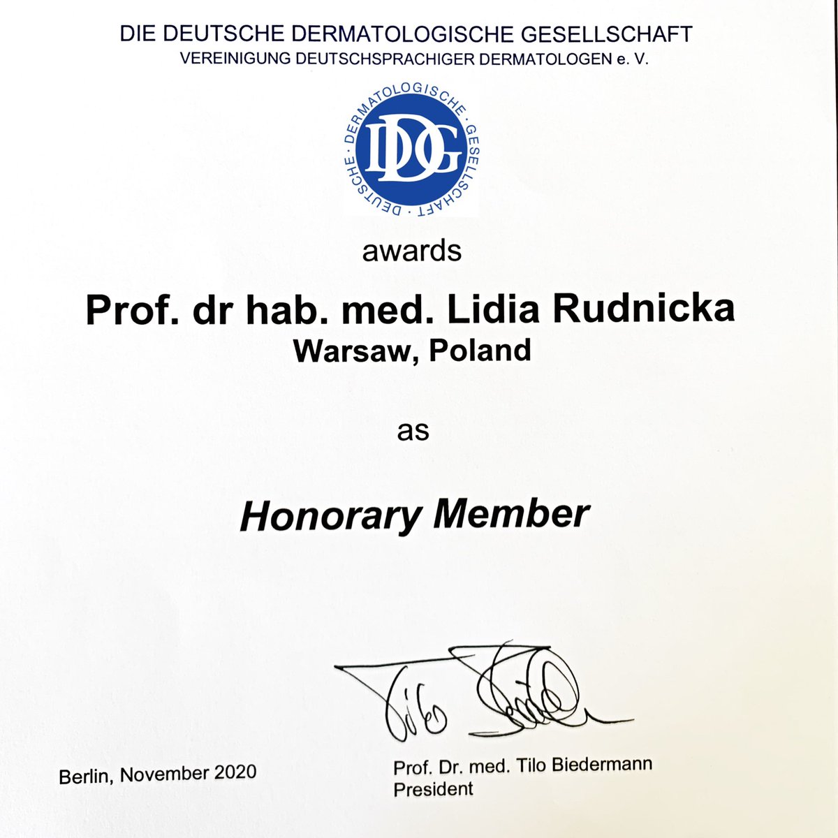 It is a great honor for me to receive the Honorary Membership of the German Dermatological Society. Thanks to the President, Prof. Tilo Biedermann, and to the Board of the Society. Also thanks to all German dermatologists whom I had the opportunity to meet over the years. #derm