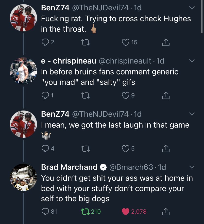 Brad Marchand lampoons a fan's facial hair after he tried to chirp him on  Twitter - Article - Bardown