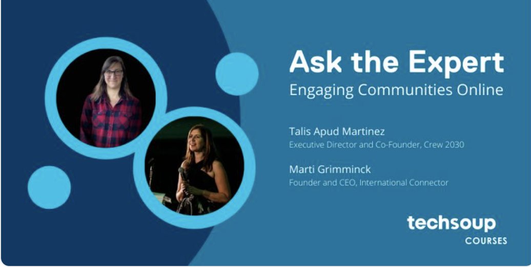 This is a great opportunity to learn about engaging communities online at <a href="/TechSoup/">TechSoup</a> with <a href="/MartiGrimminck/">Marti Grimminck</a>, <a href="/IntlConnector/">International Connector</a> and Talis Apud Martinez, Crew Platform. bit.ly/3kquhqN