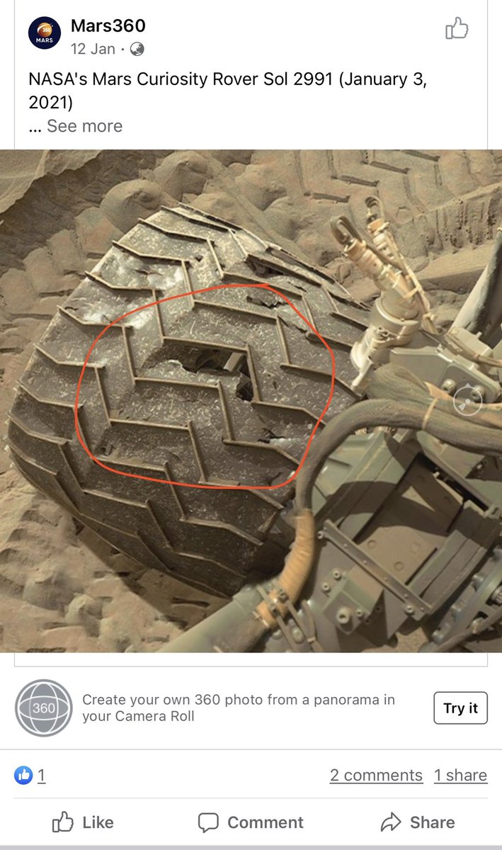 Looks like there is some #wearandtear damage to the #MarsCuriousityRover wheel on/near 3000 day anniversary.  @nasa #mars #CuriosityRover #curiositymars pretty good durability/performance considering it’s been there since it’s 2011 #launch / 2012 #landing. #space #MissionToMars