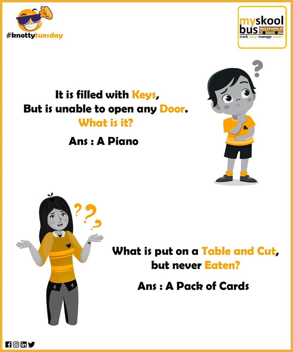 myskoolbus's tweet image. #KnottyTuesday :
Did you figure out the answers to these 2 riddles correctly? 🤔🧠
Don&apos;t worry here are the answers. 😉😉 Comment below👇 if you guessed it right😉
#riddleanswerquestion #RiddleAnswer #CommentAnswer #kidstuff #kidsriddles #brainteasers #SchoolReopen #myskoolbus