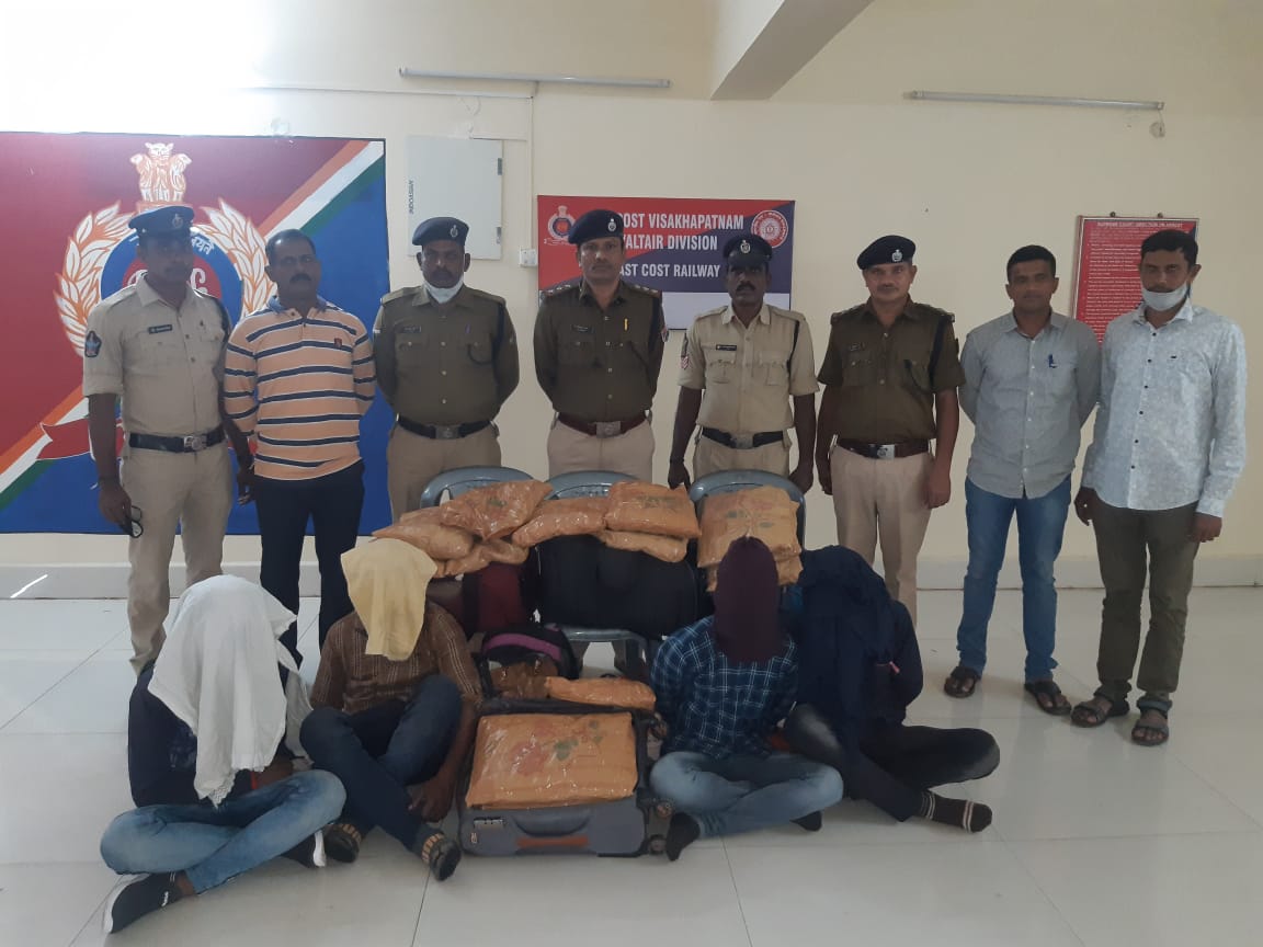 RPF_INDIA's tweet photo. Based on the intelligence abt smuggling of #narcotics in trains originating from Visakhapatnam region,sustained drive has been launched by #RPF @srdscrpfwat with Total Seizure of 346Kg Ganja worth ₹11lacs with arrest of 27 traffickers in 14 incidents in 6weeks #SentinelsOnRail https://t.co/kvtIM754AP
