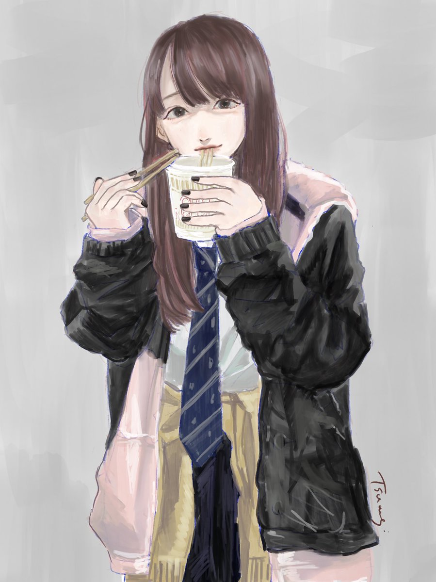1girl solo chopsticks brown hair holding looking at viewer eating  illustration images
