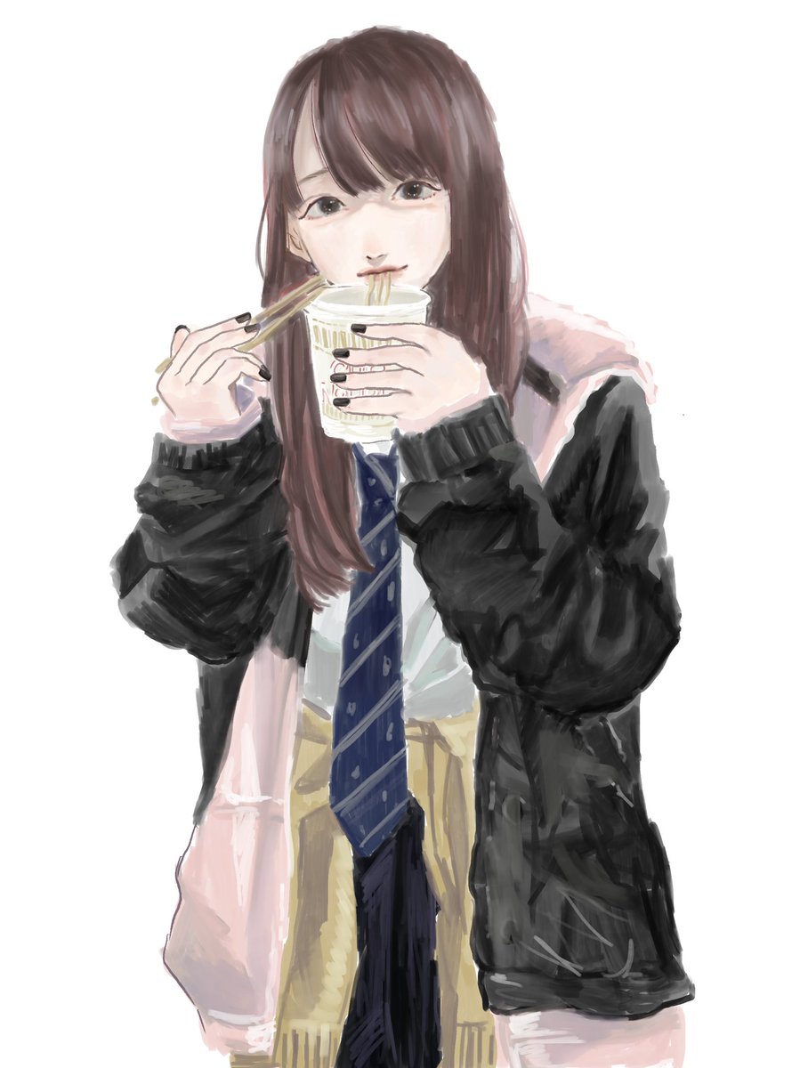 1girl solo eating necktie white background holding brown hair  illustration images